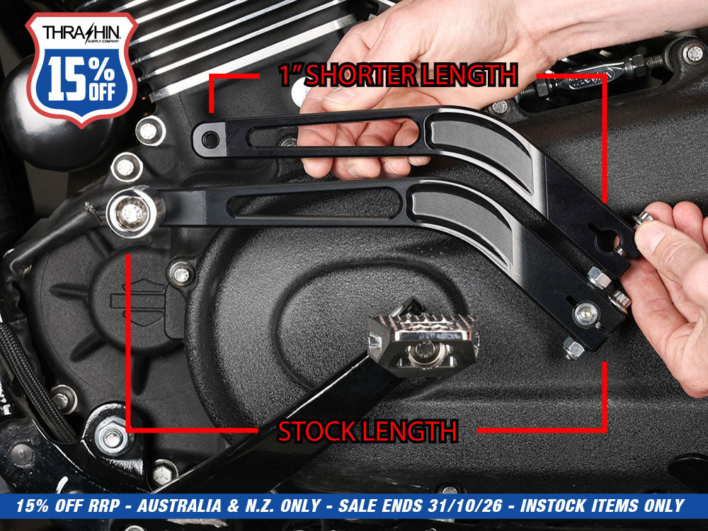 1in. Shorter Shift Arm - Black. Fits Softail 2018up with Mid Controls