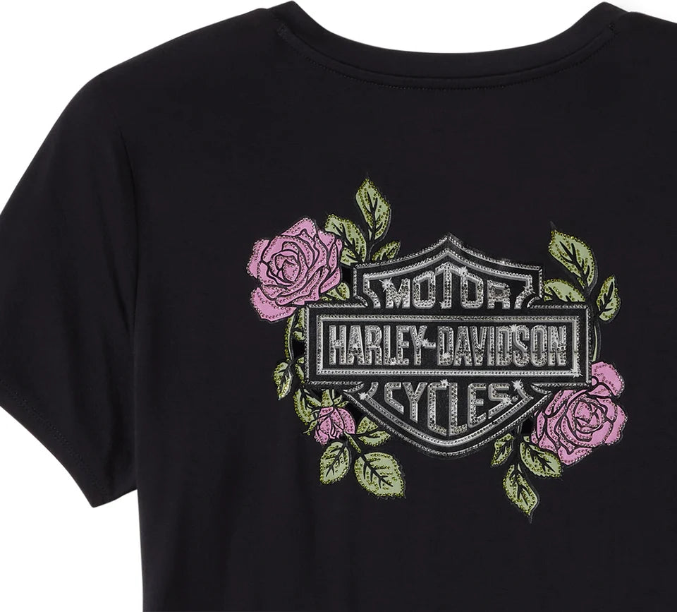 Women's Harley-Davidson Rose & Thorn Bling V Neck Tee - Black