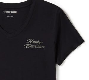 Women's Harley-Davidson Rose & Thorn Bling V Neck Tee - Black