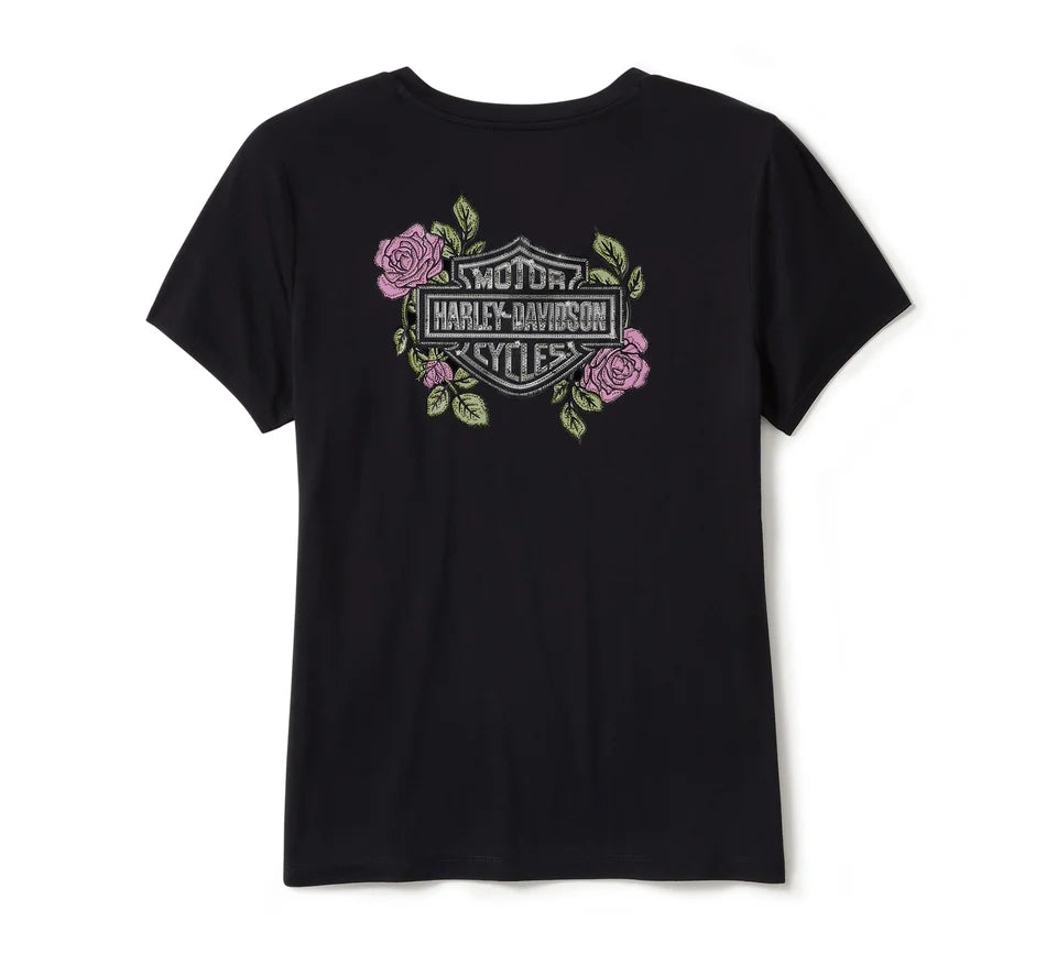 Women's Harley-Davidson Rose & Thorn Bling V Neck Tee - Black