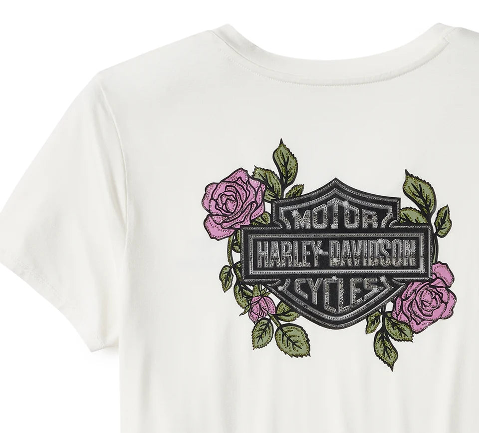 Women's Harley-Davidson Rose & Thorn Bling V Neck Tee - Off White
