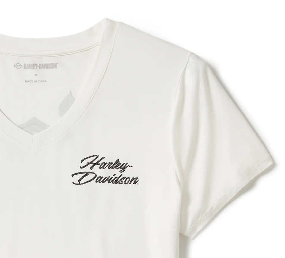 Women's Harley-Davidson Rose & Thorn Bling V Neck Tee - Off White