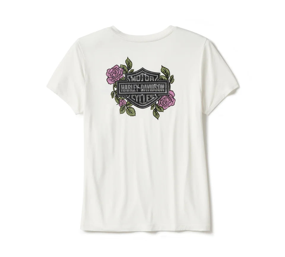 Women's Harley-Davidson Rose & Thorn Bling V Neck Tee - Off White