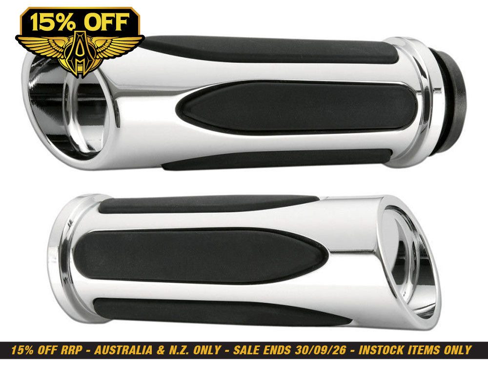 Deep Cut Comfort Handgrips - Chrome. Fits H-D with Throttle Cable.