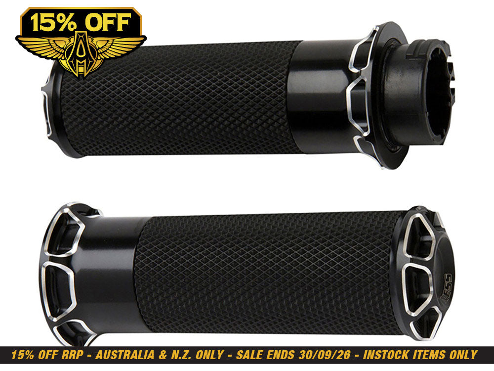 Beveled Fusion Handgrips - Black. Fits Big Twin 2008-2024 with Throttle-by-Wire