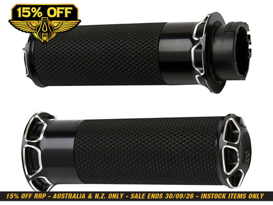 Beveled Fusion Handgrips - Black. Fits Big Twin 2008-2024 with Throttle-by-Wire
