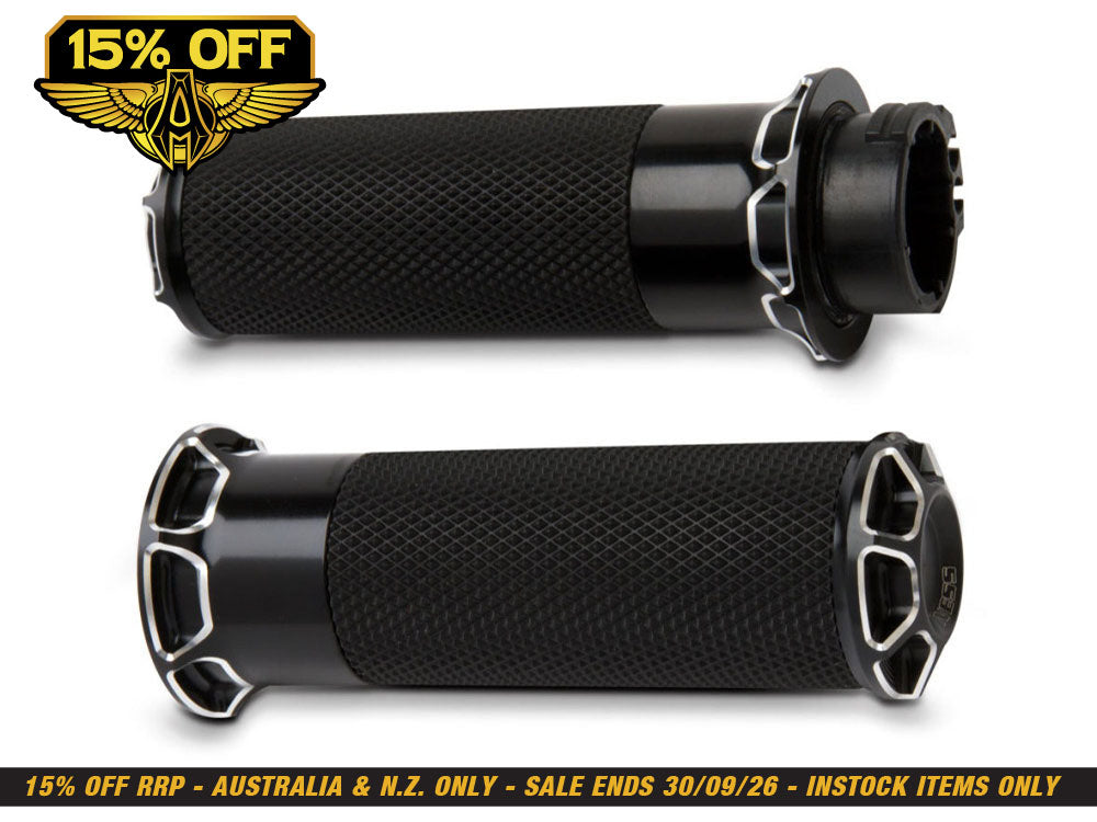 Fusion Beveled Handgrips - Black. Fits H-D with Throttle Cable.