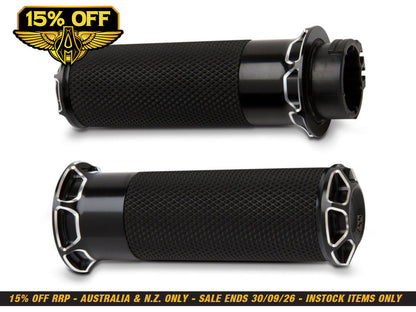 Fusion Beveled Handgrips - Black. Fits H-D with Throttle Cable.