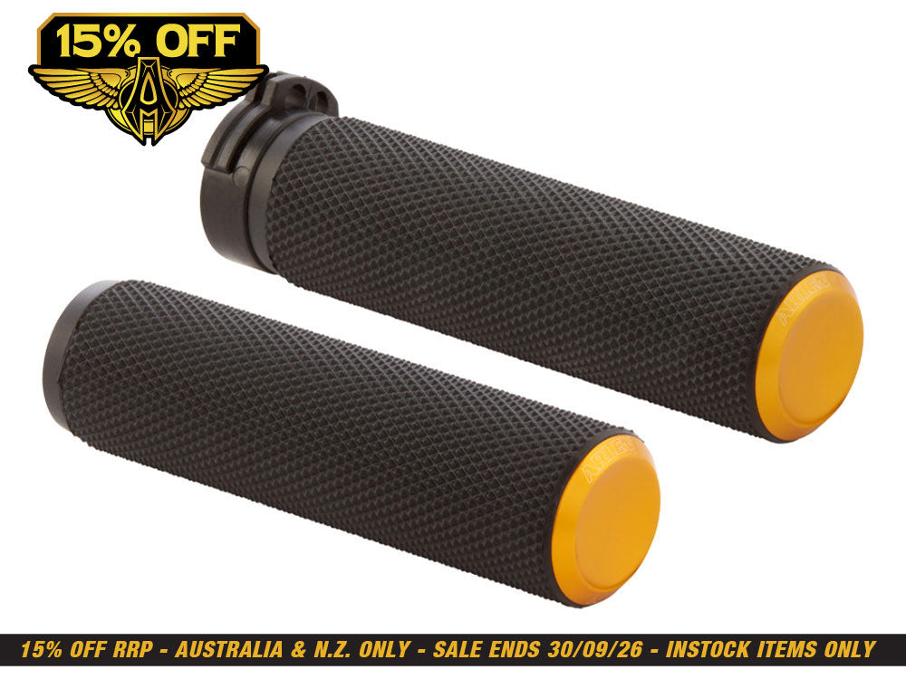 Knurled Fusion Handgrips - Gold. Fits H-D with Throttle Cable.