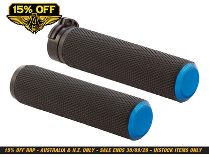 Knurled Fusion Handgrips - Blue. Fits Big Twin 2008-2024 with Throttle-by-Wire