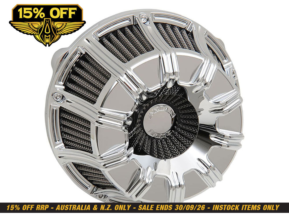 10-Gauge Air Cleaner Kit - Chrome. Fits Softail 2000-2015, Dyna 1999-2017, Touring 1999-2007 with CV Carb or Cable Operated Delphi EFI