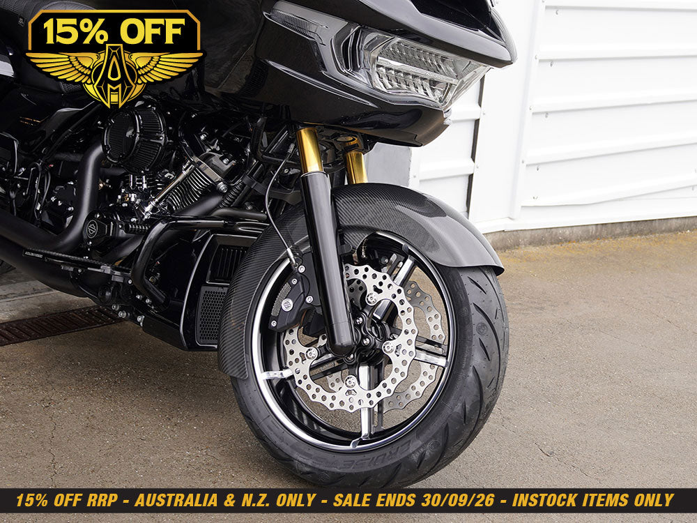 Carbon Fibre Radial Fat Wrap Front Fender. Fits CVO Touring 2023up, Street Glide & Road Glide 2024up & Touring 2025up with 18in.x8in. Front Wheel