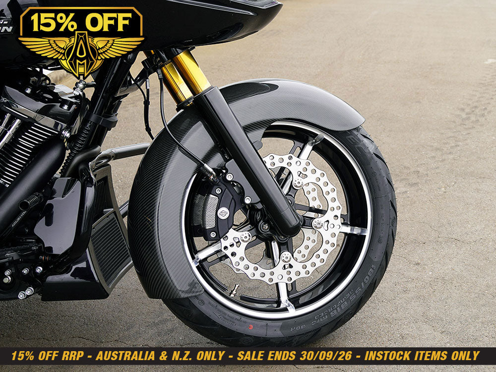 Carbon Fibre Radial Fat Wrap Front Fender. Fits CVO Touring 2023up, Street Glide & Road Glide 2024up & Touring 2025up with 18in.x8in. Front Wheel