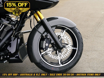 Carbon Fibre Radial Fat Wrap Front Fender. Fits CVO Touring 2023up, Street Glide & Road Glide 2024up & Touring 2025up with 18in.x8in. Front Wheel