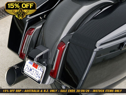 Carbon Rear Light Pods - Gloss Finish. Fits CVO Touring 2023up, Street Glide & Road Glide 2024up, Touring 2025up