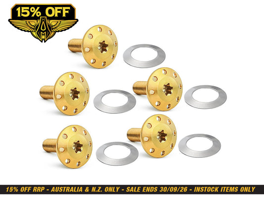 Titanium Holeshot Front Brake Rotor Bolts - Gold. Fits Street Glide & Road Glide 2024up with Spoke Mounted Disc, Sportster S 2021up & Pan America 2021up with Cast Mag Wheel