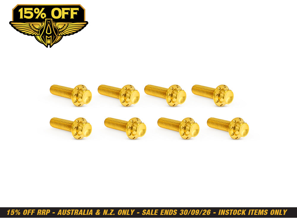 Titanium 12-Point Tappet Cover Bolt Kit - Gold. Fits Softail 2000up, Touring 1999up & Dyna 1999-2017
