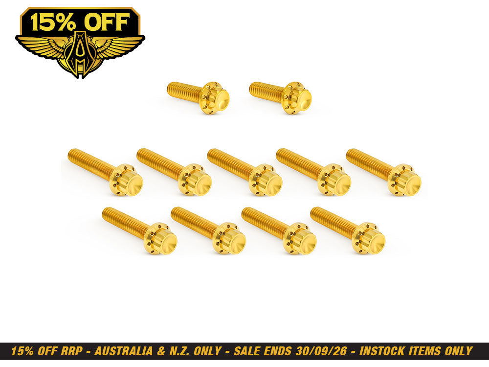 Titanium 12-Point Cam Cover Bolt Kit - Gold. Fits CVO Touring 2023up, Street Glide & Road Glide 2024up, Touring 2025up & Softail 2025up
