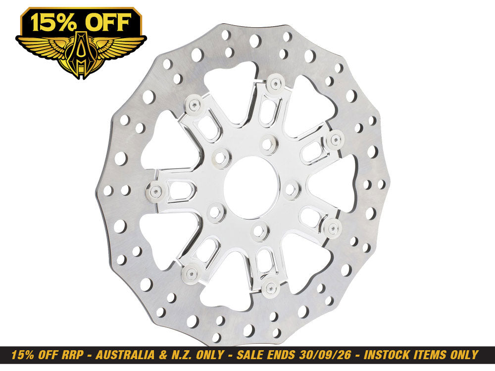 11.8in. Front 7-Valve Disc Rotor - Chrome. Fits Dyna 2006-2017, Softail 2015up, Sportster 2014-2021 & Some Touring 2008up.