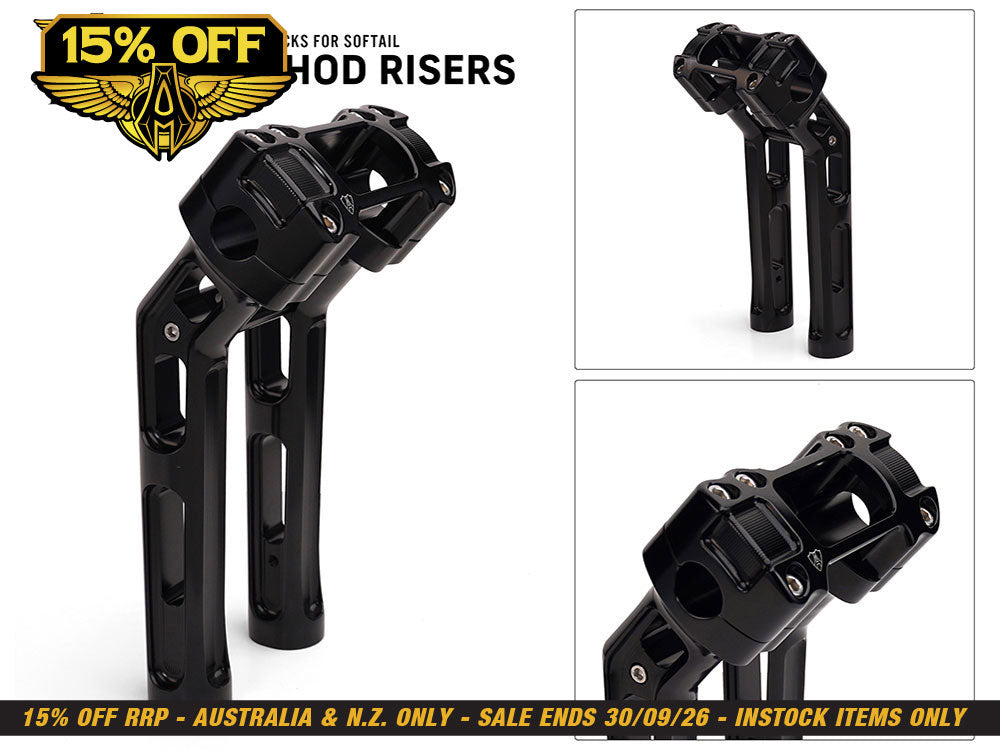 10in. Method Kickback Risers - Black. Fits Softail Street Bob, Low Rider ST, Standard & Breakout 2018-2024
