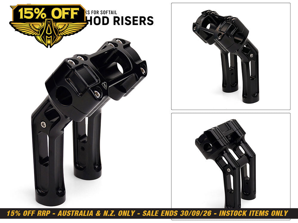 7in. Method Kickback Risers - Black. Fits Softail Street Bob, Low Rider ST, Standard & Breakout 2018-2024