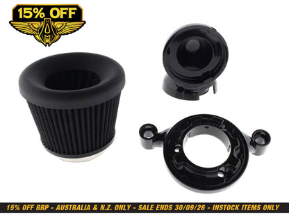 Velocity 90° Air Cleaner Kit - Black. Fits Softail 2000-2015, Dyna 1999-2017, Touring 1999-2007 with CV Carb or Cable Operated Delphi EFI
