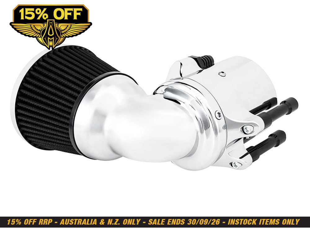 90 Degree Velocity Air Cleaner Kit - Chrome. Fits Indian Touring & Cruiser 2014up with 111ci or 116ci Thunderstroke Engines.