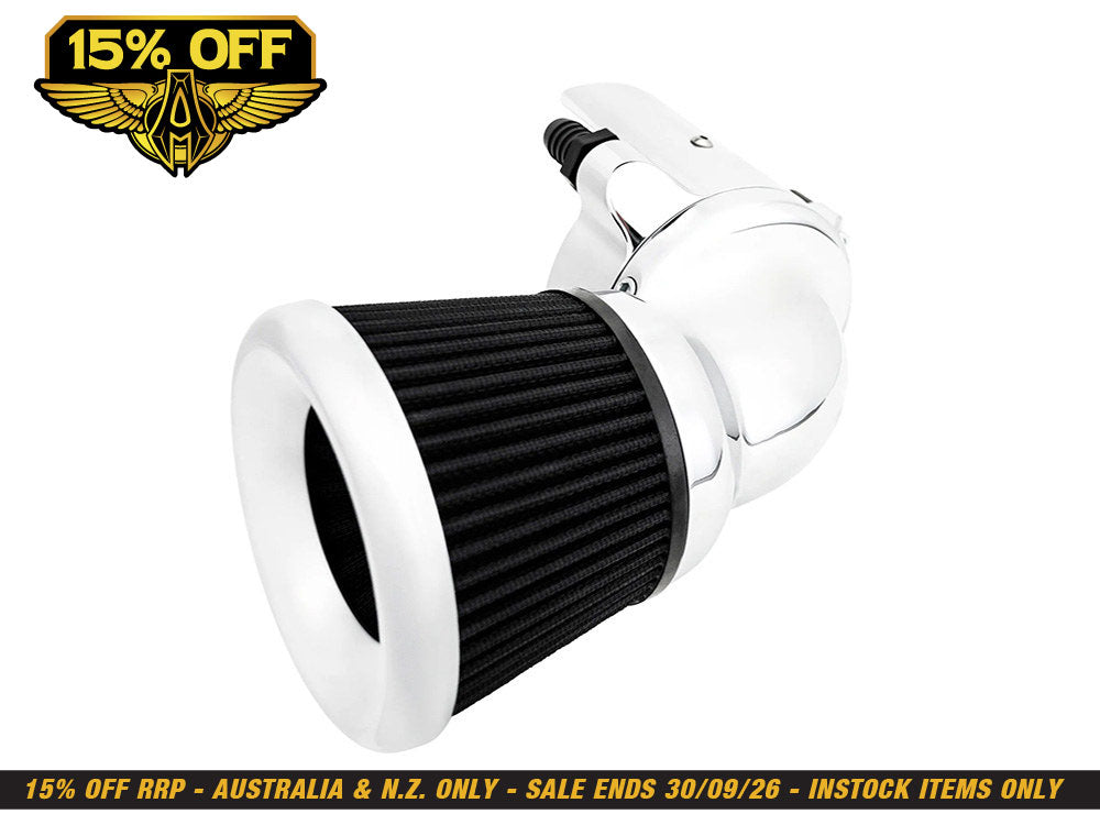 90 Degree Velocity Air Cleaner Kit - Chrome. Fits Indian Touring & Cruiser 2014up with 111ci or 116ci Thunderstroke Engines.