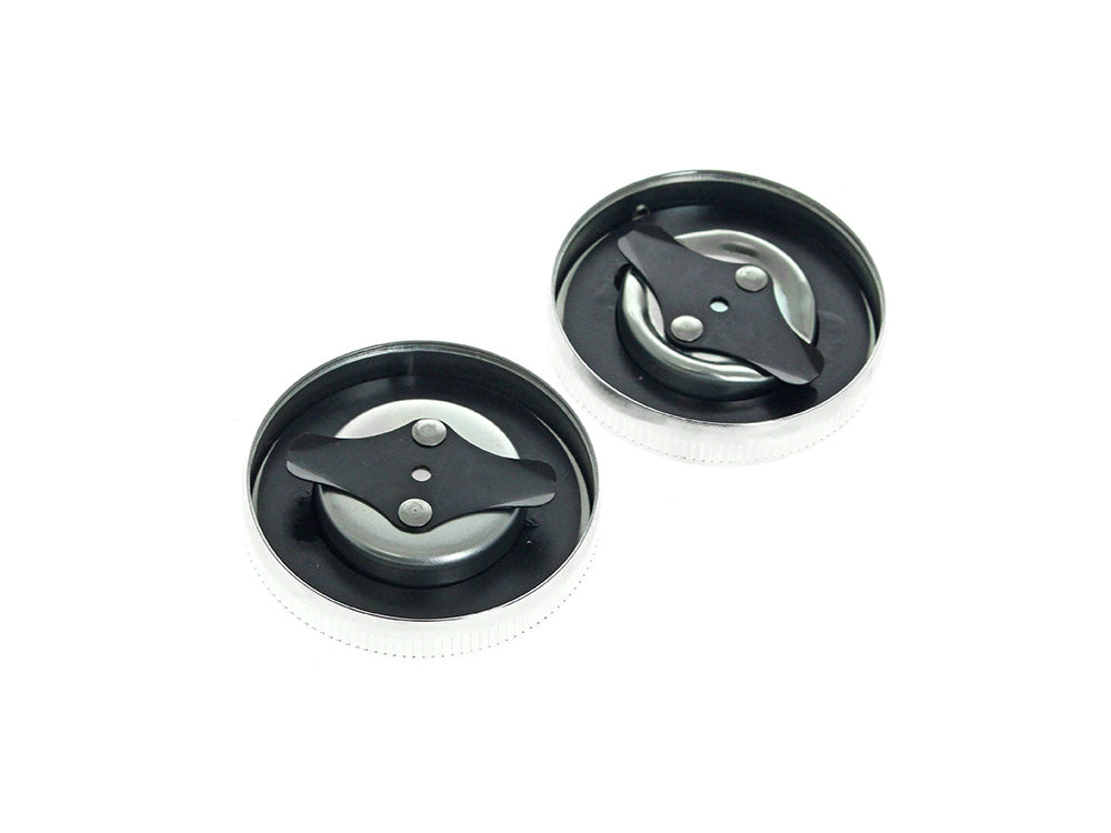 Early Style Fat Bob Fuel Caps - Chrome. Fits Big Twin 1936-1973 & Sportster 1958-1973.