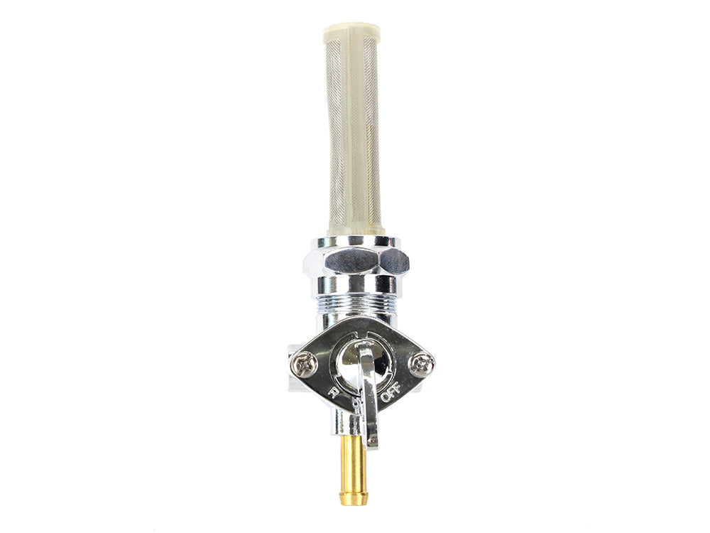Fuel Tap / Petcock with 22mm Thread, 5/16in. Downward Facing Fuel Outlet - Chrome. Fits Softail 1984-2006, Dyna 1991-2006, FXR 1982-1994, Touring 1988-2006, Sportster 1975-2006 & 4Spd Big Twin 1975-1986