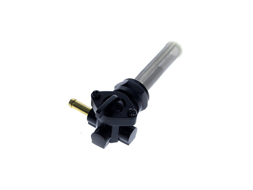 Fuel Tap / Petcock with 22mm Thread, 5/16in. Forward Facing Fuel Outlet - Black. Fits Softail 1984-2006, Dyna 1991-2006, FXR 1982-1994, Touring 1988-2006, Sportster 1975-2006 & 4Spd Big Twin 1975-1986