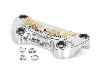 Eagle Spirit Logo Handlebar Top Clamp - Chrome & Gold. Fits HD Big Twin 1974up & Sportster 1974-2021.