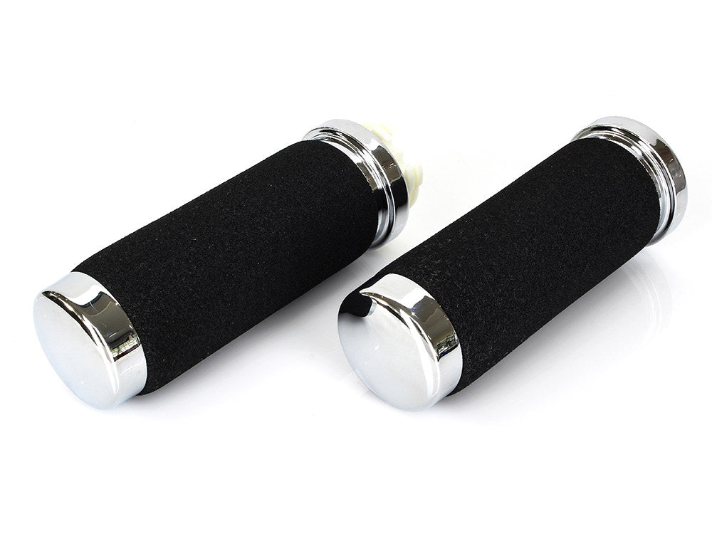 Black Soft Touch Handgrips - Chrome. Fits H-D with Throttle Cable.