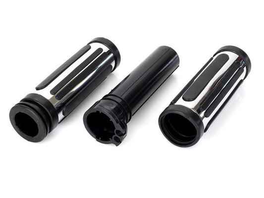 Chrome & Rubber Slotted Style Handgrips. Fits H-D 1996up with Throttle Cable.