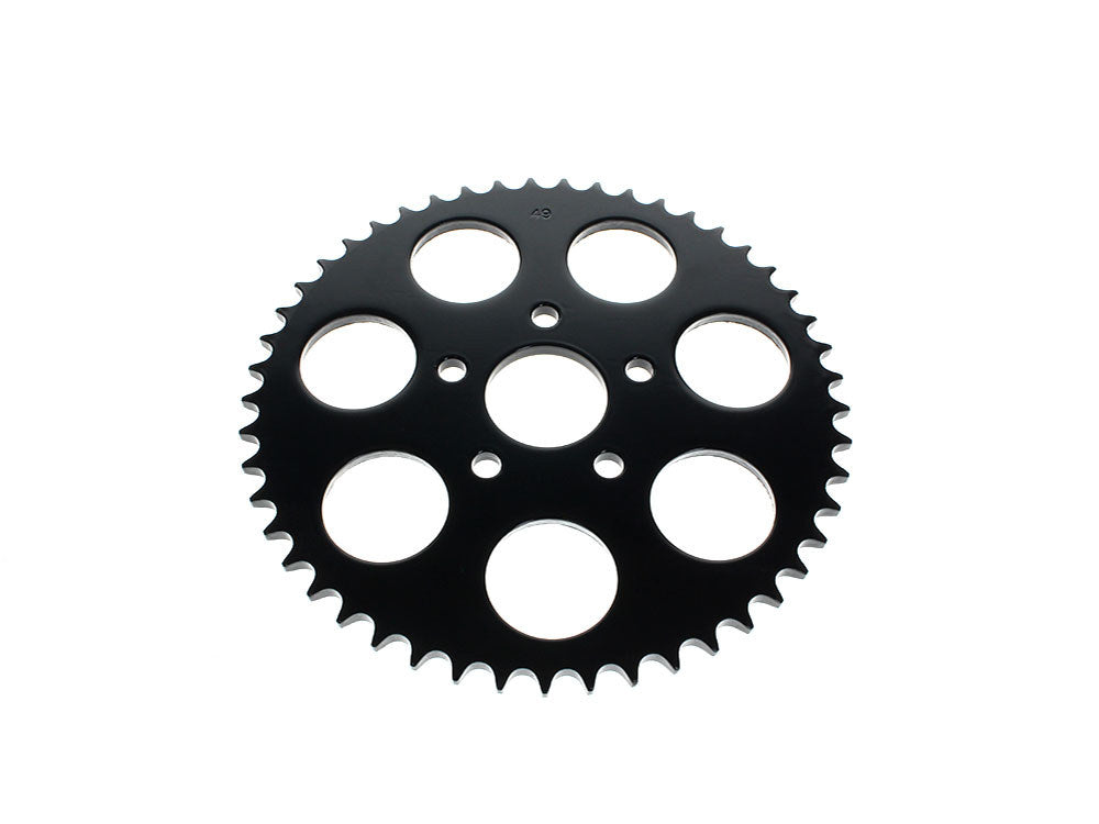 49 Tooth, Flat Steel Rear Chain Sprocket - Gloss Black. Fits Big Twin 1973-1999 & Sportster 1979-1999.