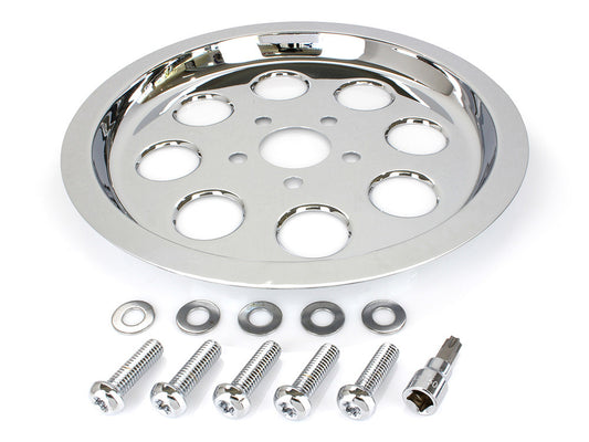 Rear Pulley Cover - Chrome. Fits Big Twin 1987-1999 with 70 Tooth Pulley.