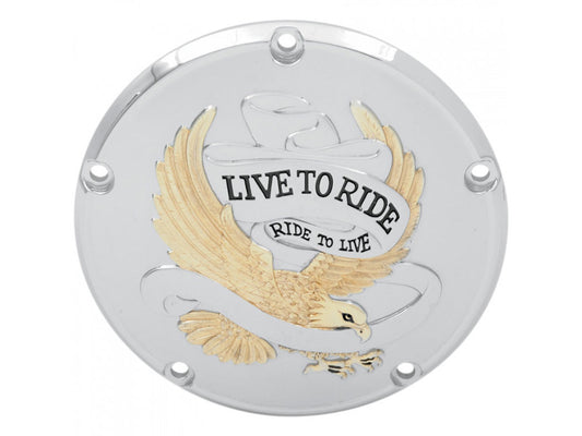 Live-to-Ride Derby Cover - Gold. Fits Softail 1999-2018, Dyna 1999-2017 & Touring 1999-2015.