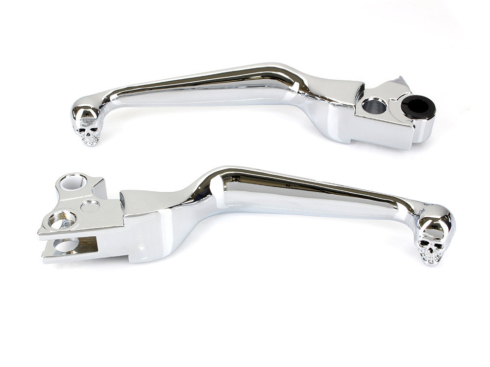 Hand Levers with Custom Skull Head Ends - Chrome. Fits Big Twin 1996-2006 & Sportster 1996-2003.