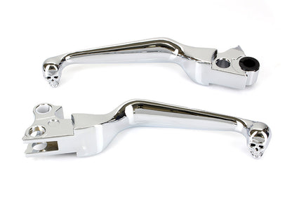 Hand Levers with Custom Skull Head Ends - Chrome. Fits Big Twin 1996-2006 & Sportster 1996-2003.