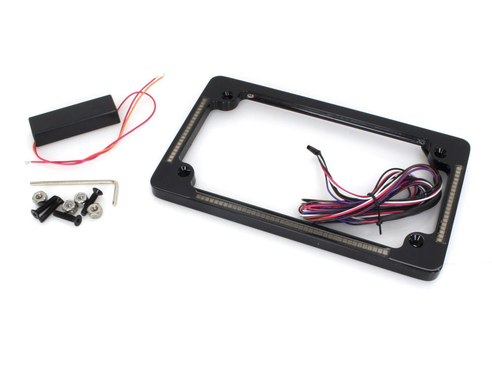 Flat Number Plate Frame with LED Amber Turn Signals & Red Brake Light - Black.