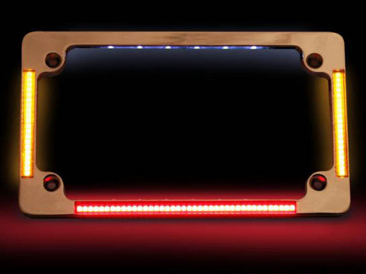 Flat Number Plate Frame with LED Amber Turn Signals & Red Brake Light - Chrome.