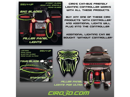 LED Filler Panel Lights. Red Run & Brake with Amber Turn and Black Housing. Fits Ultra & Road King Touring Models 2014-2024 & Street/Road Glide ST 2022-2023