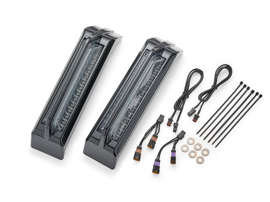 LED Fascia Filler Panel Lights. Red Run & Brake with Amber Turn and Black Housing. Fits CVO Touring 2023up, Street Glide & Road Glide 2024up, Touring 2025up