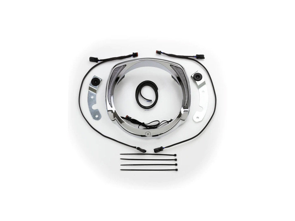 Fang LED Headlight Bezel with White Running Lights - Chrome. Fits Touring 2014-2023