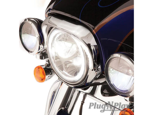 Fang LED Headlight Bezel with Amber Turn Signals & White Running Lights - Chrome. Fits Touring 2014-2023
