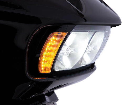 Fang LED Headlight Bezel Vent Inserts With Amber & White LED's - Black. Fits Road Glide 2015-2023