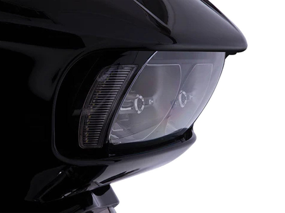 Fang LED Headlight Bezel Vent Inserts With Amber & White LED's - Black. Fits Road Glide 2015-2023