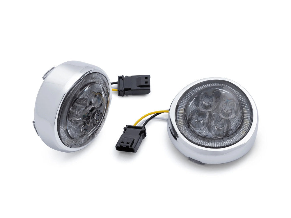 Fang LED Front Turn Signal Inserts - Chrome. Amber Turn, White Run with Smoke Lenses. Fits CVO Touring 2016up Models.