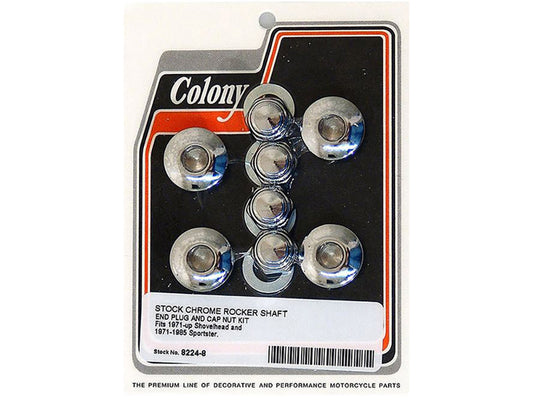 Stock Rocker Shaft Plug & Nut Kit - Chrome. Fits Shovel 1971-1984 & Sportster 1971-1985.