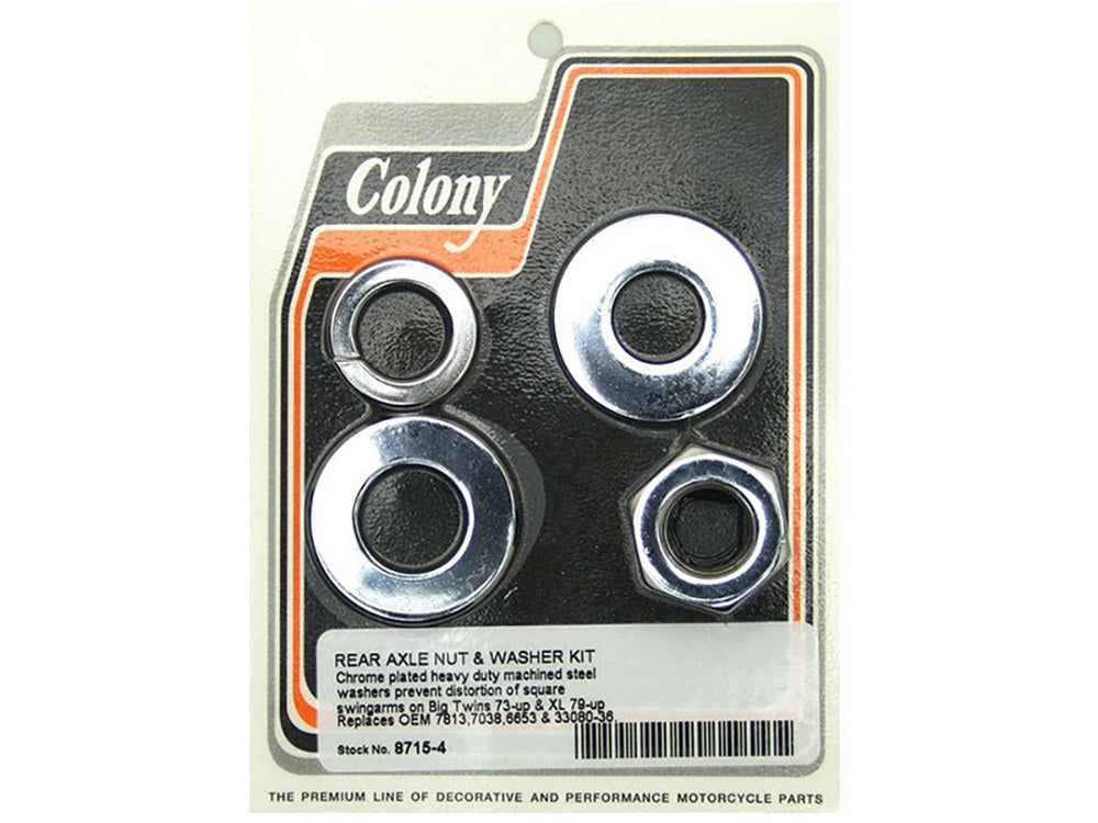 Rear Axle Nut & Washer Kit - Chrome. Fits Big Twins 1973up & Sportster 1979up